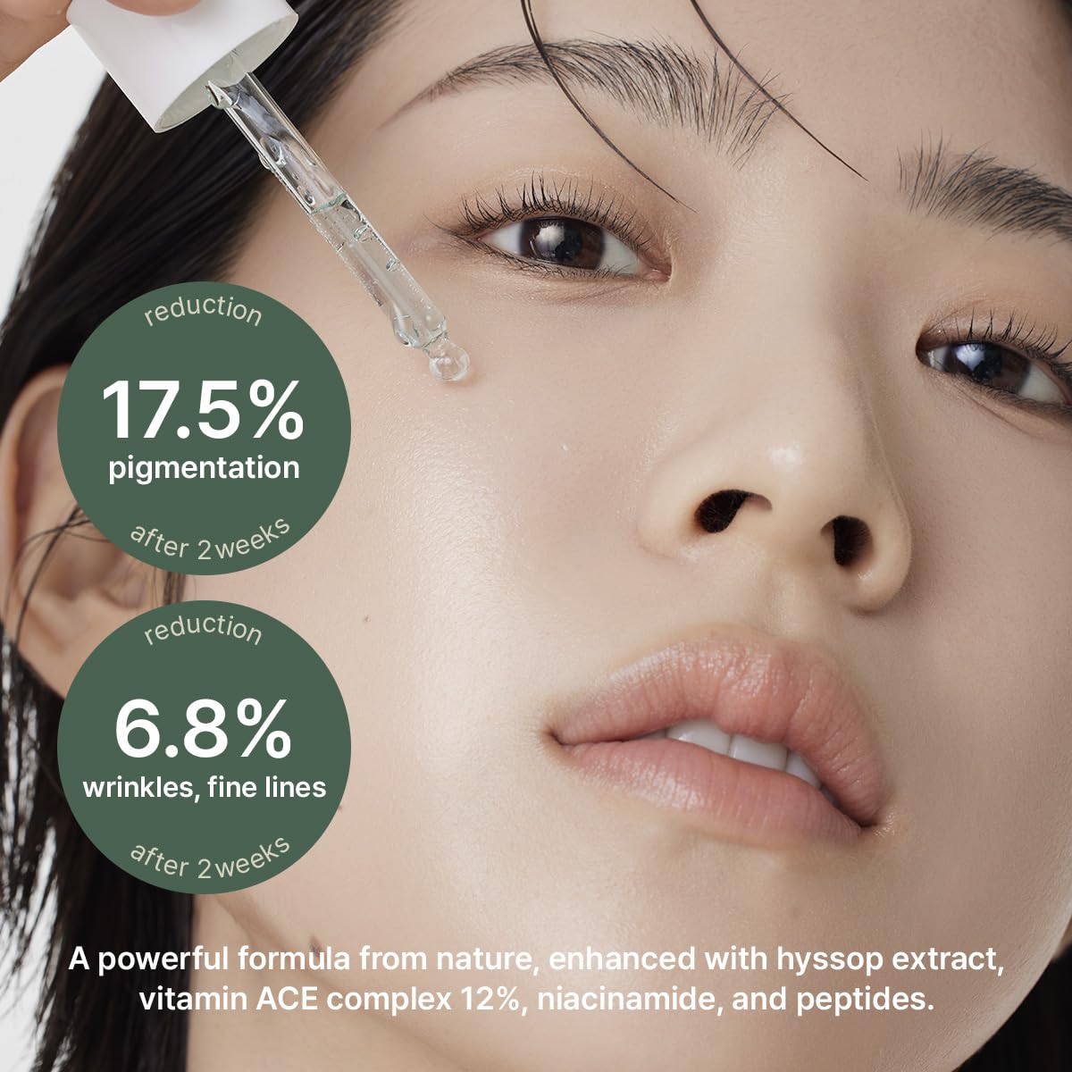 Arencia Hyssop Glow Serum ingredient graphic shows vitamins A, C, E and niacinamide synergy.