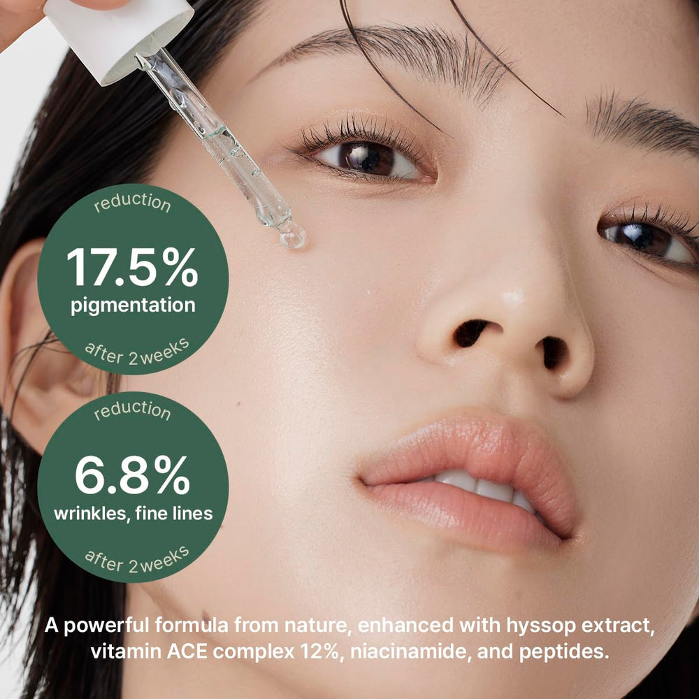 Arencia Hyssop Glow Serum ingredient graphic shows vitamins A, C, E and niacinamide synergy.
