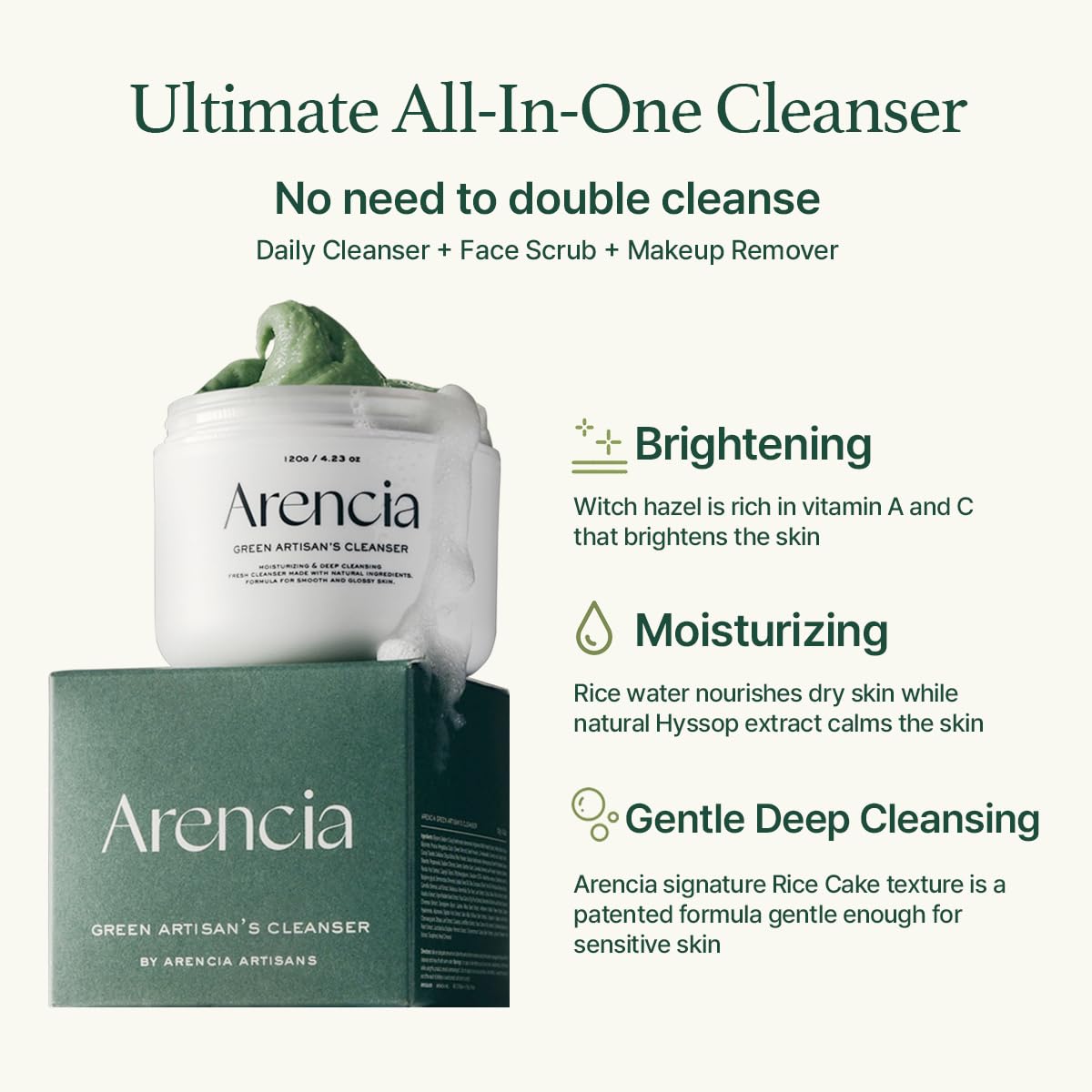 ARENCIA Rice Extracts – 34 natural extracts protect moisture while cleansing