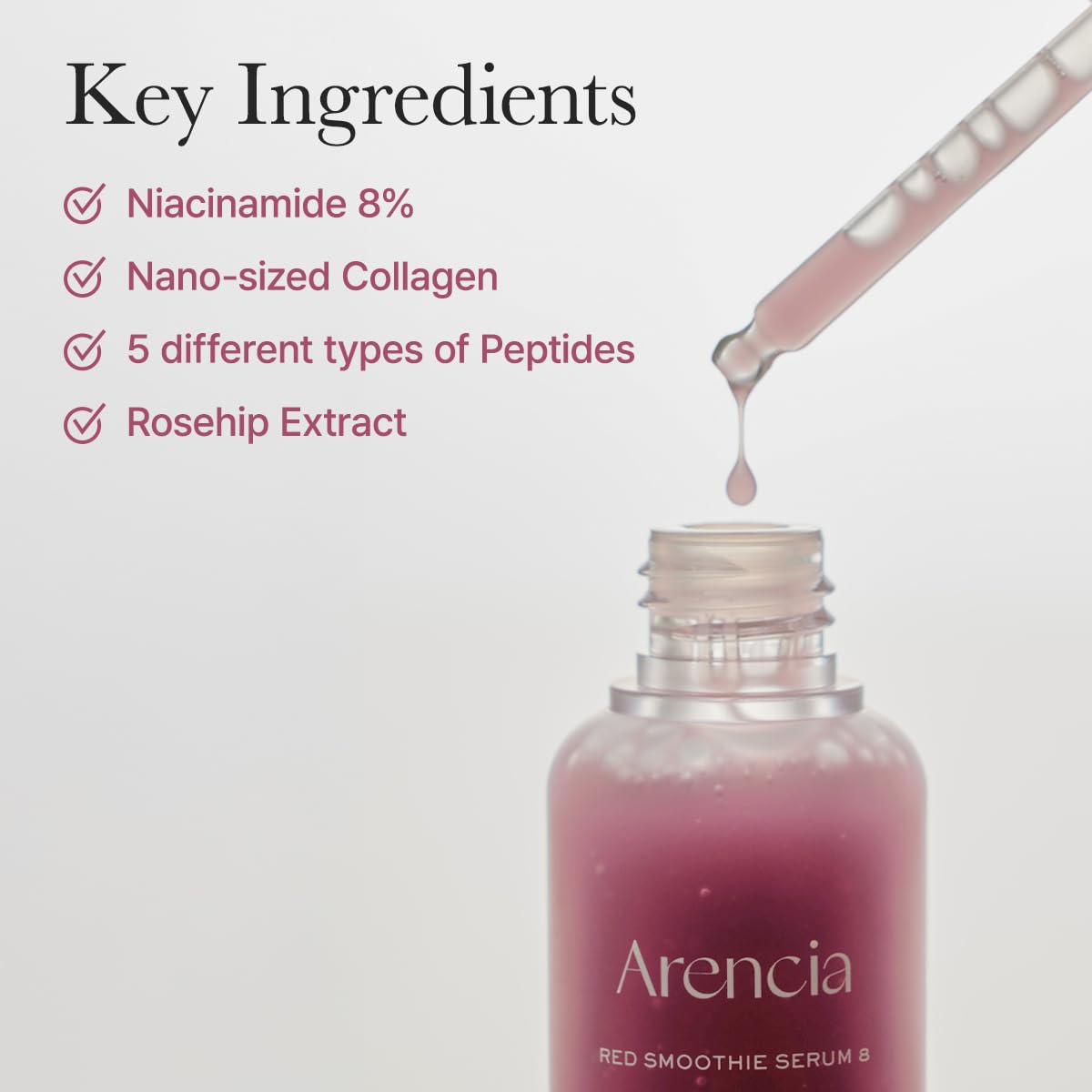 ARENCIA Arencia Red Collagen + Peptide Serum applied to clean skin for radiant glow