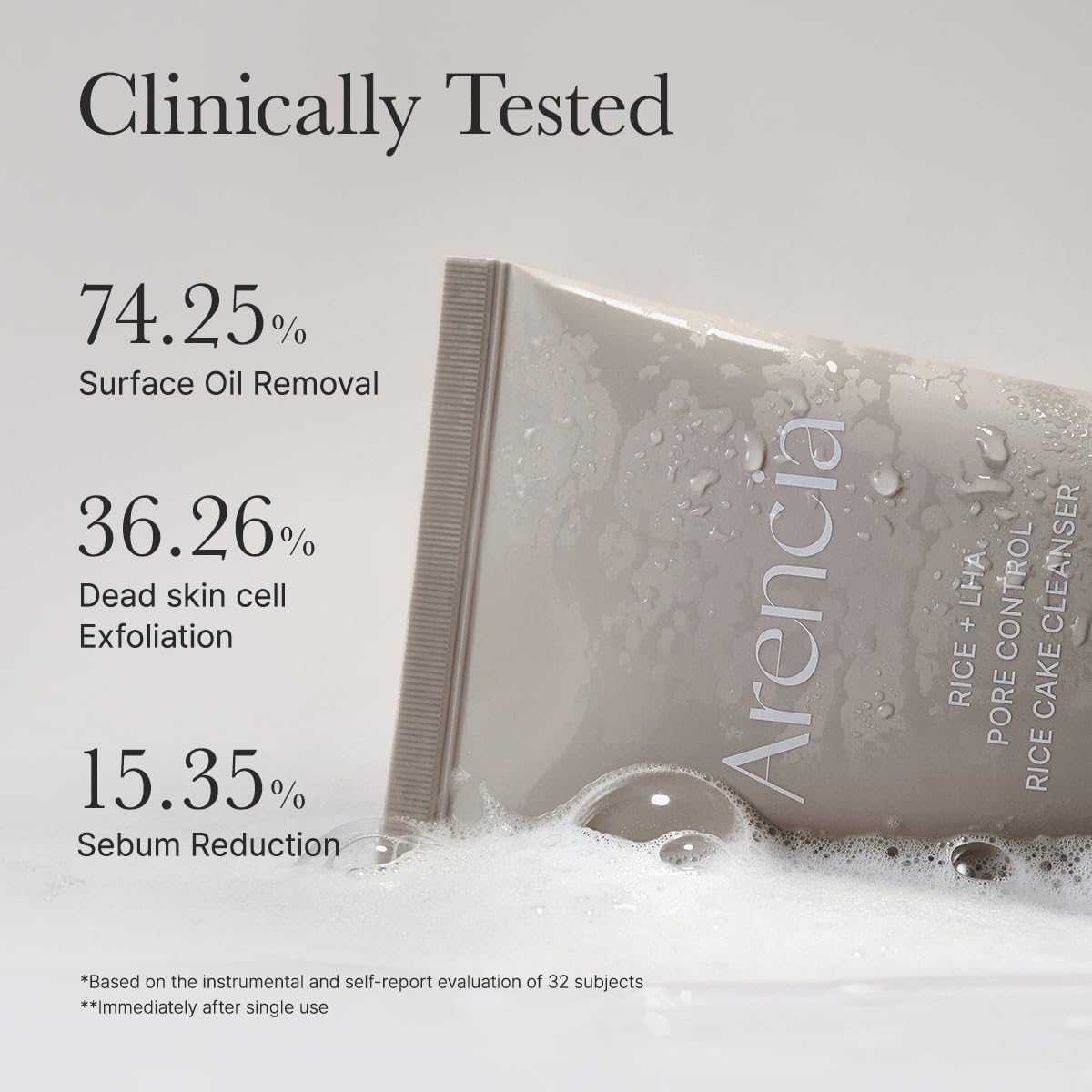 ARENCIA Rice Cake Cleanser hand-application shows massage-friendly cleansing.