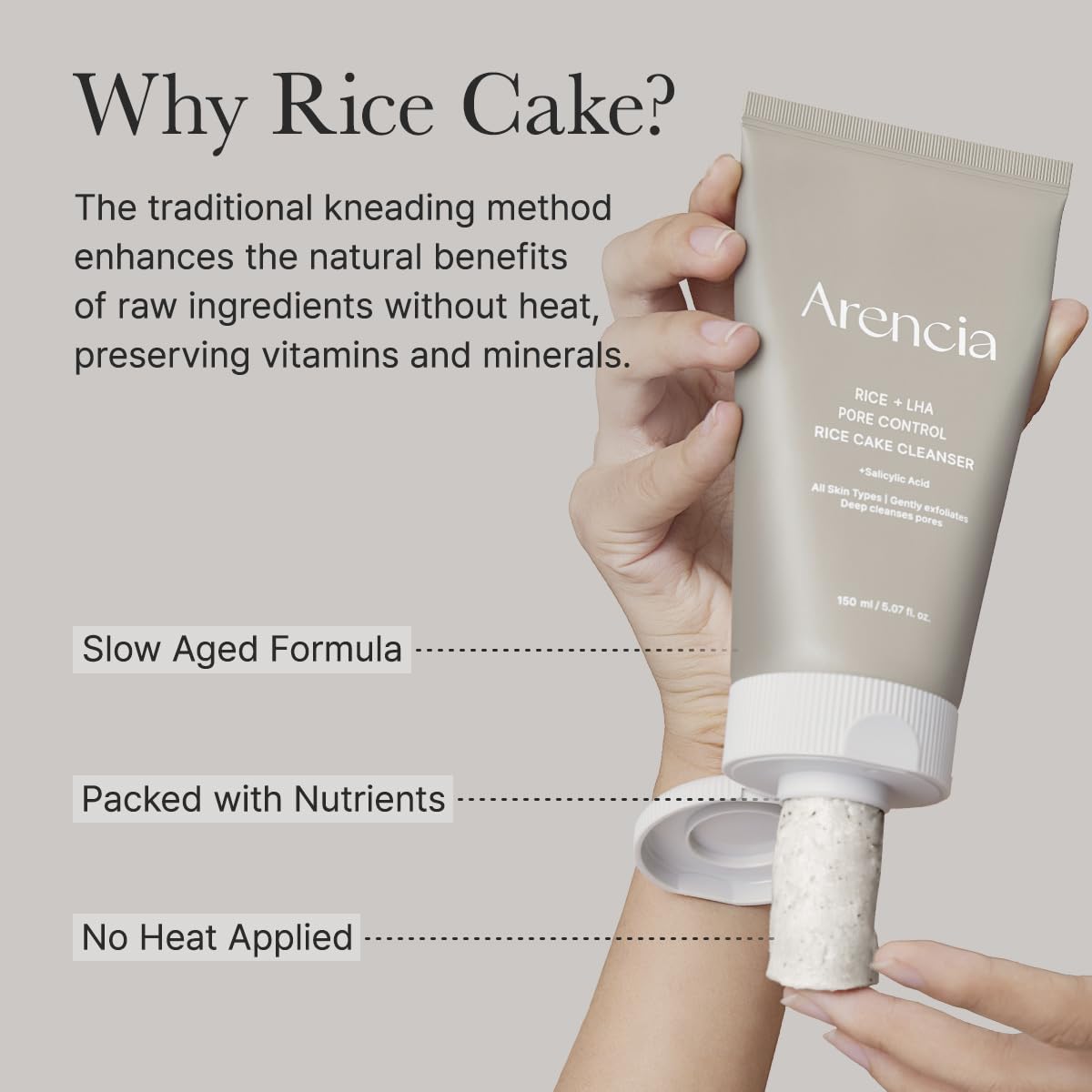 ARENCIA Rice Cake Texture Cleanser close-up emphasizes unique texture for gentle exfoliation.