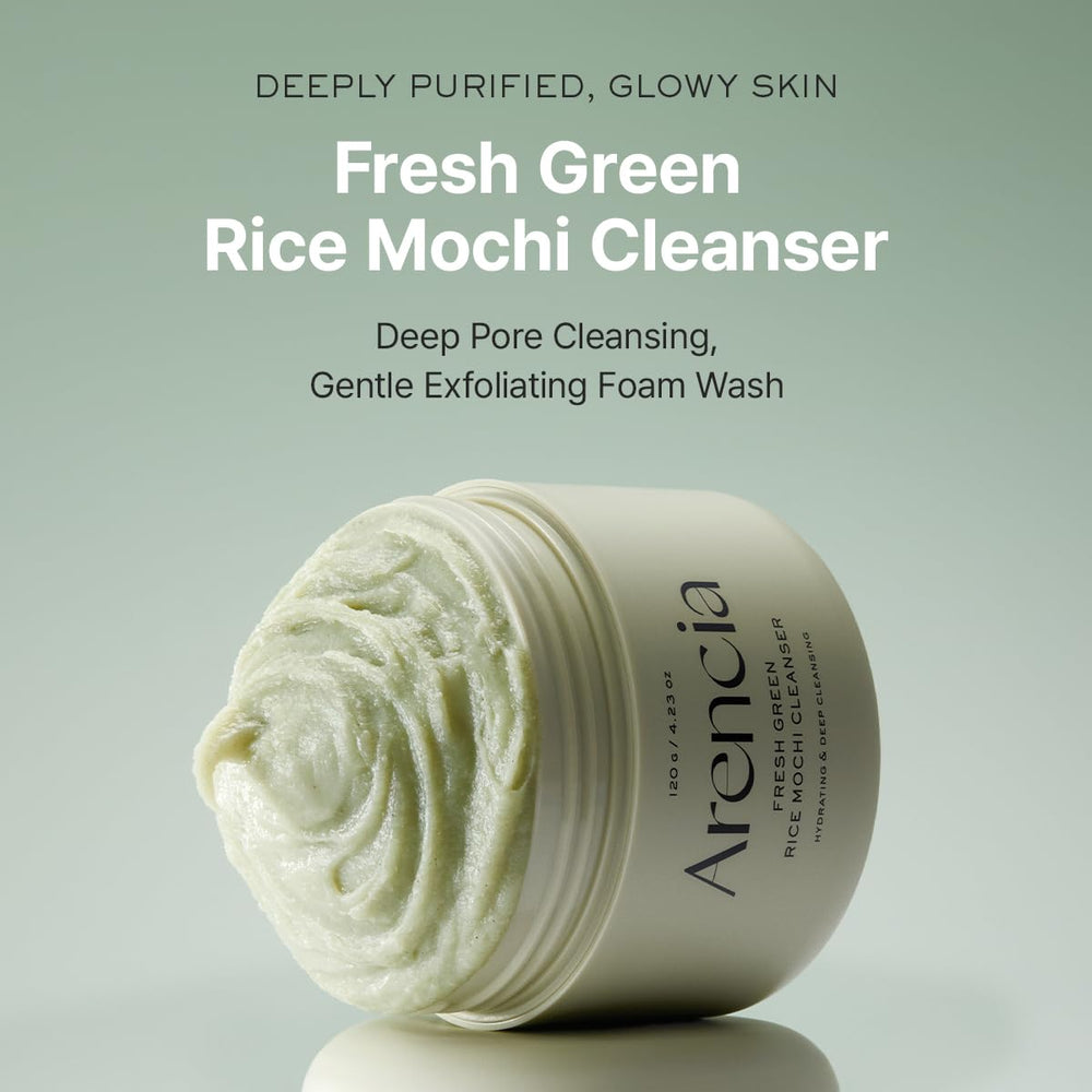 Arencia Rice Mochi Cleanser bottle closeup highlights gentle exfoliation and moisture protection