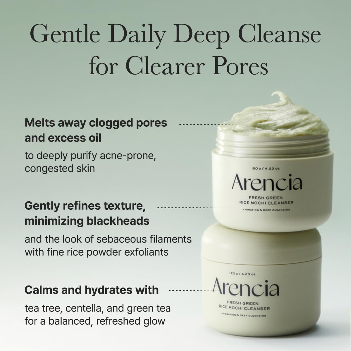 Arencia Rice Mochi Cleanser texture swatch reveals gentle grains for mild exfoliation