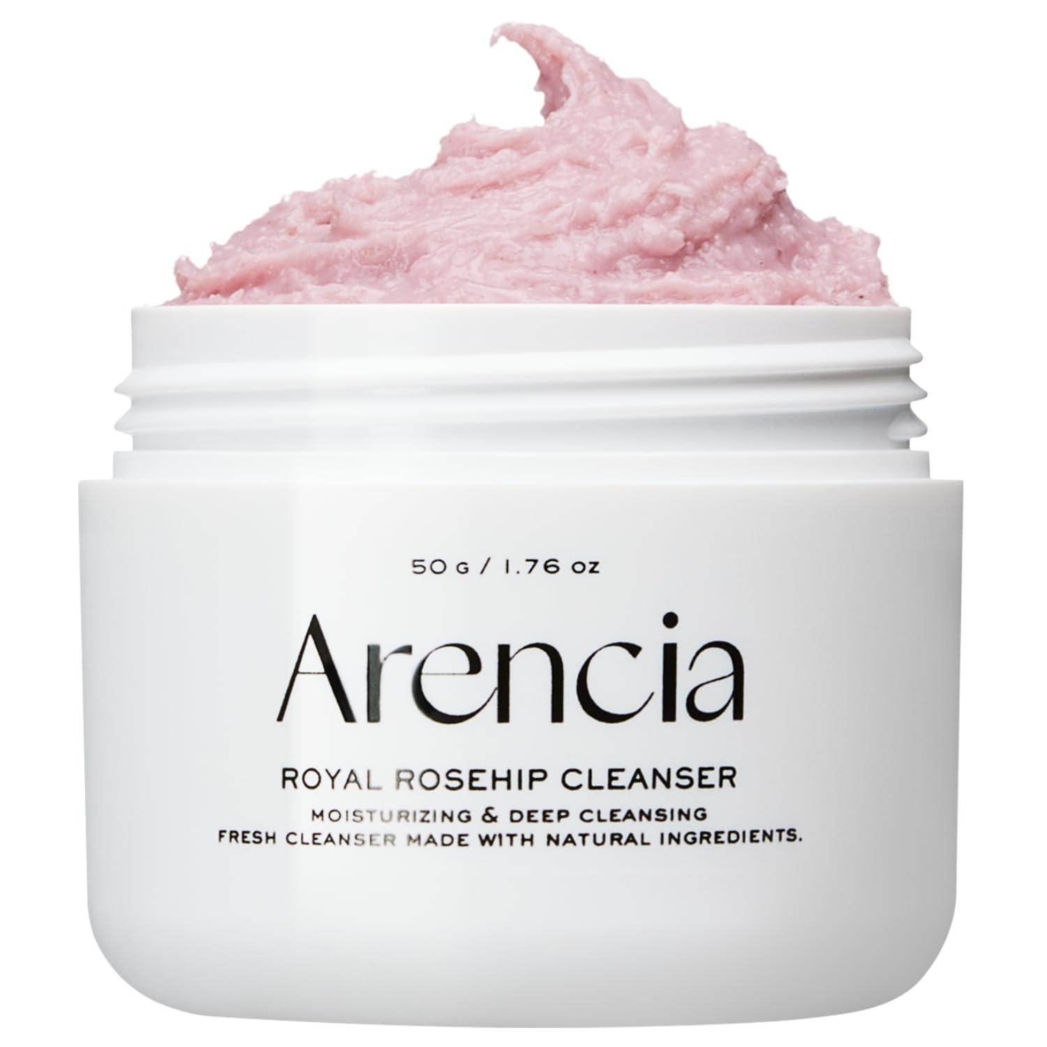 ARENCIA Rosehip Brightening Rice Mochi Cleanser packaging shows all-skin-types suitability for daily use.