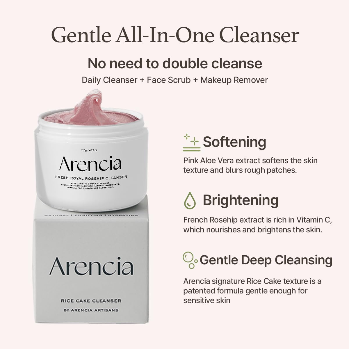 ARENCIA Rosehip Brightening Rice Mochi Cleanser texture reveals cushiony exfoliation for gentle cleansing.