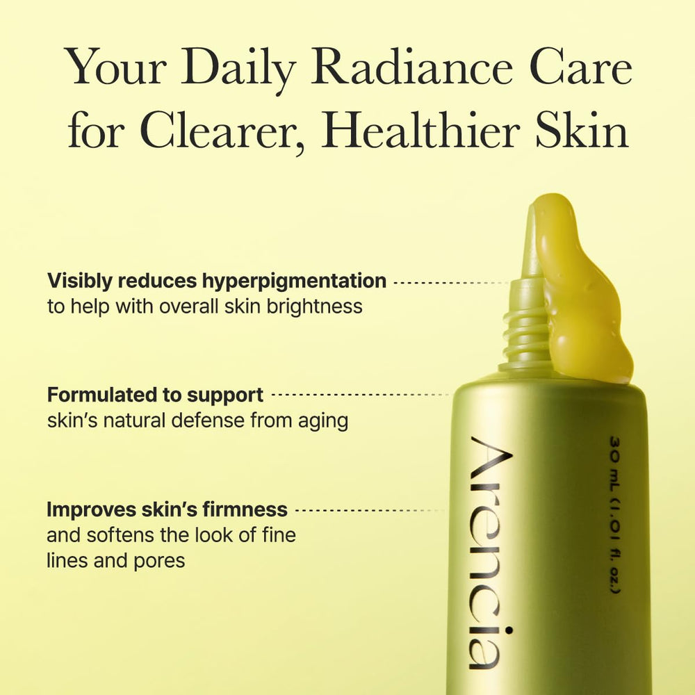 ARENCIA serum label close up emphasizes niacinamide for smoother skin