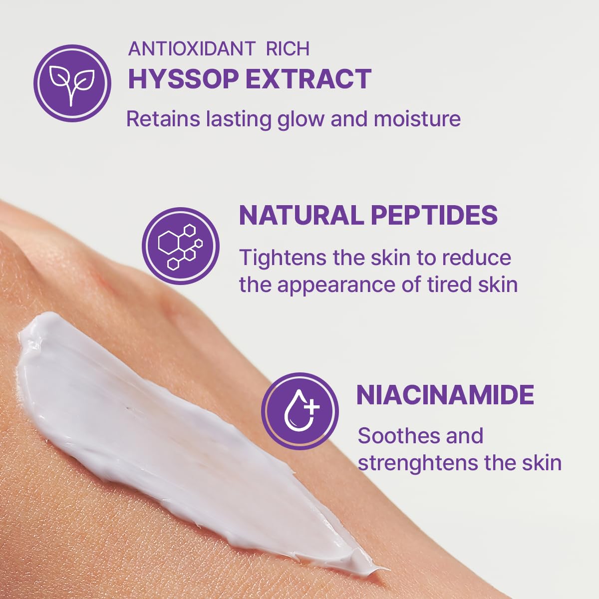 ARENCIA Hyssop Blurring Cream ingredients closeup featuring hyaluronic acid and collagen benefits.