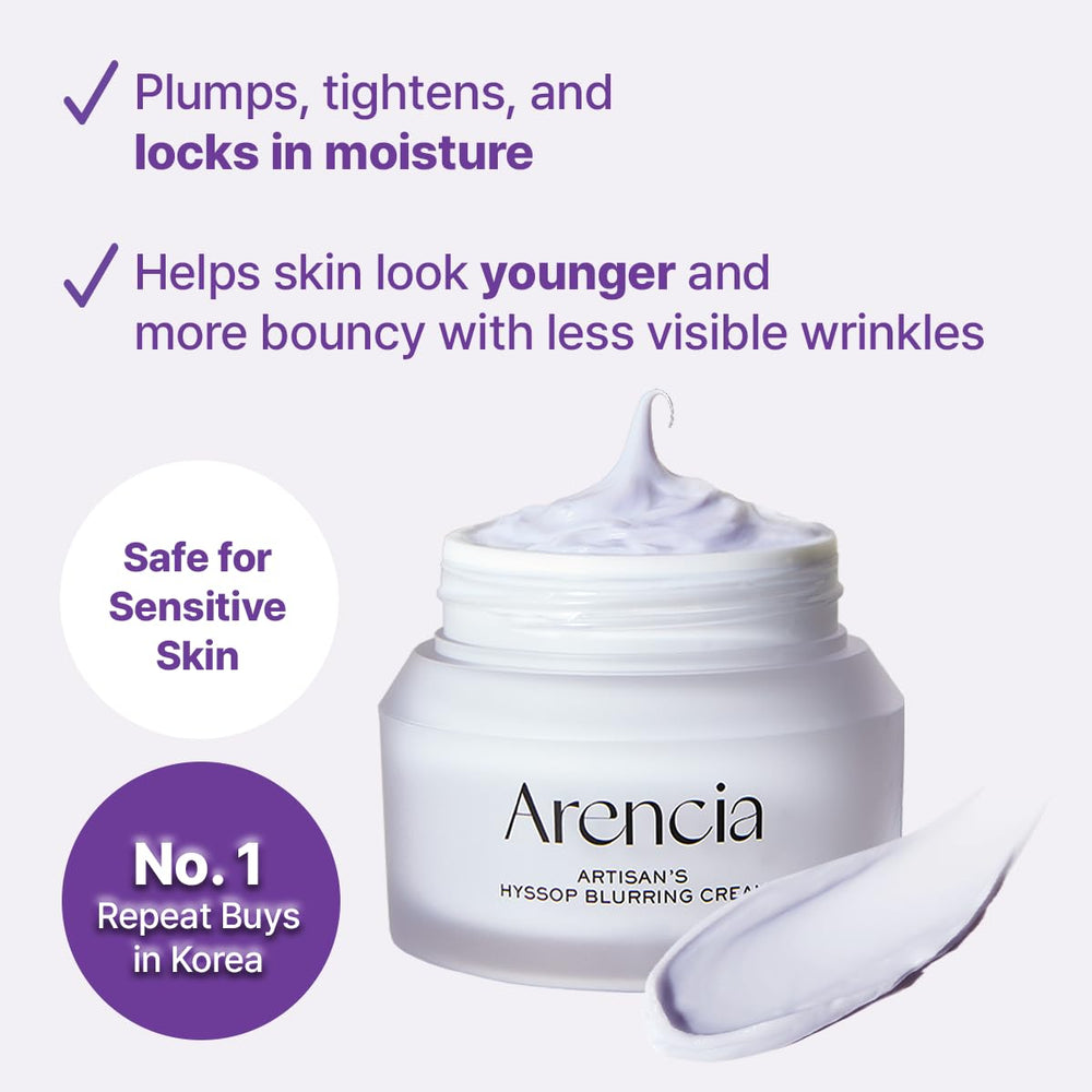 ARENCIA Hyssop Blurring Cream night application demonstrating overnight skin renewal.