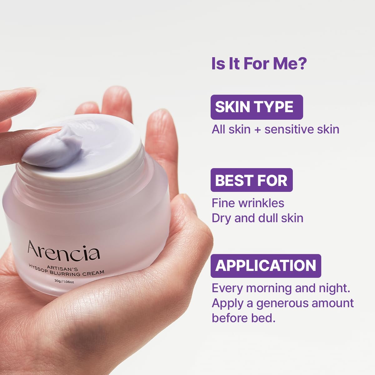ARENCIA Hyssop Blurring Cream texture closeup showing creamy nourishing formula.