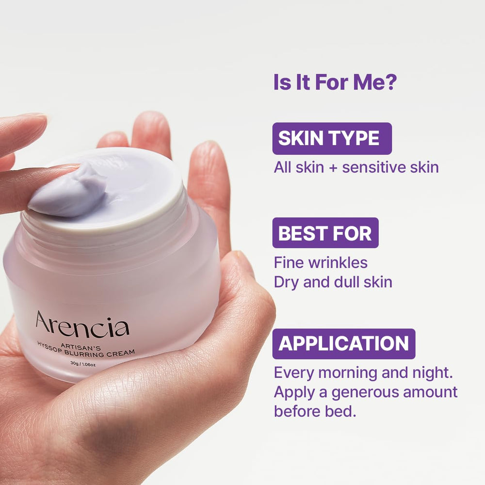 ARENCIA Hyssop Blurring Cream texture closeup showing creamy nourishing formula.