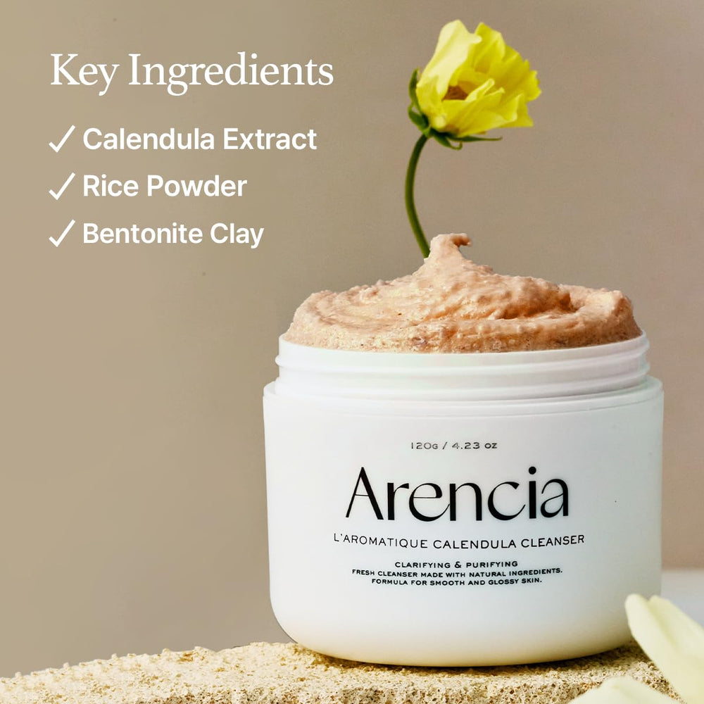 Close-up of ARENCIA cleanser ingredients panel highlighting 34 natural extracts