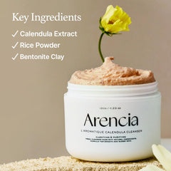 Close-up of ARENCIA cleanser ingredients panel highlighting 34 natural extracts