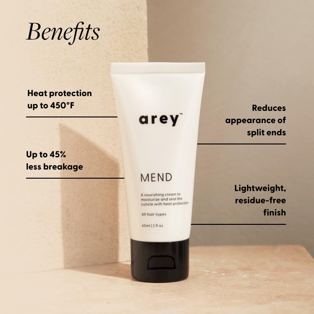Arey Mend bottle label close-up highlights vegan formula and fragrance