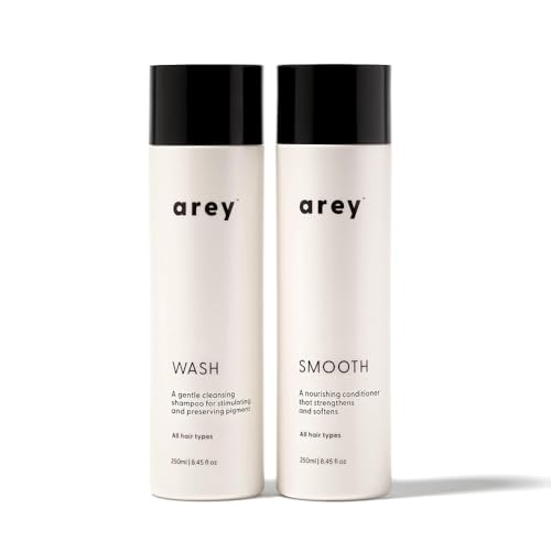 Arey Shower Duo two-pack on shelf highlights vegan anti-grey system for daily care