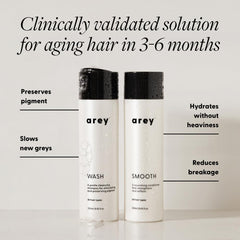 Arey Shower Duo shampoo bottle close-up shows sulfate-free formula for color-treated hair