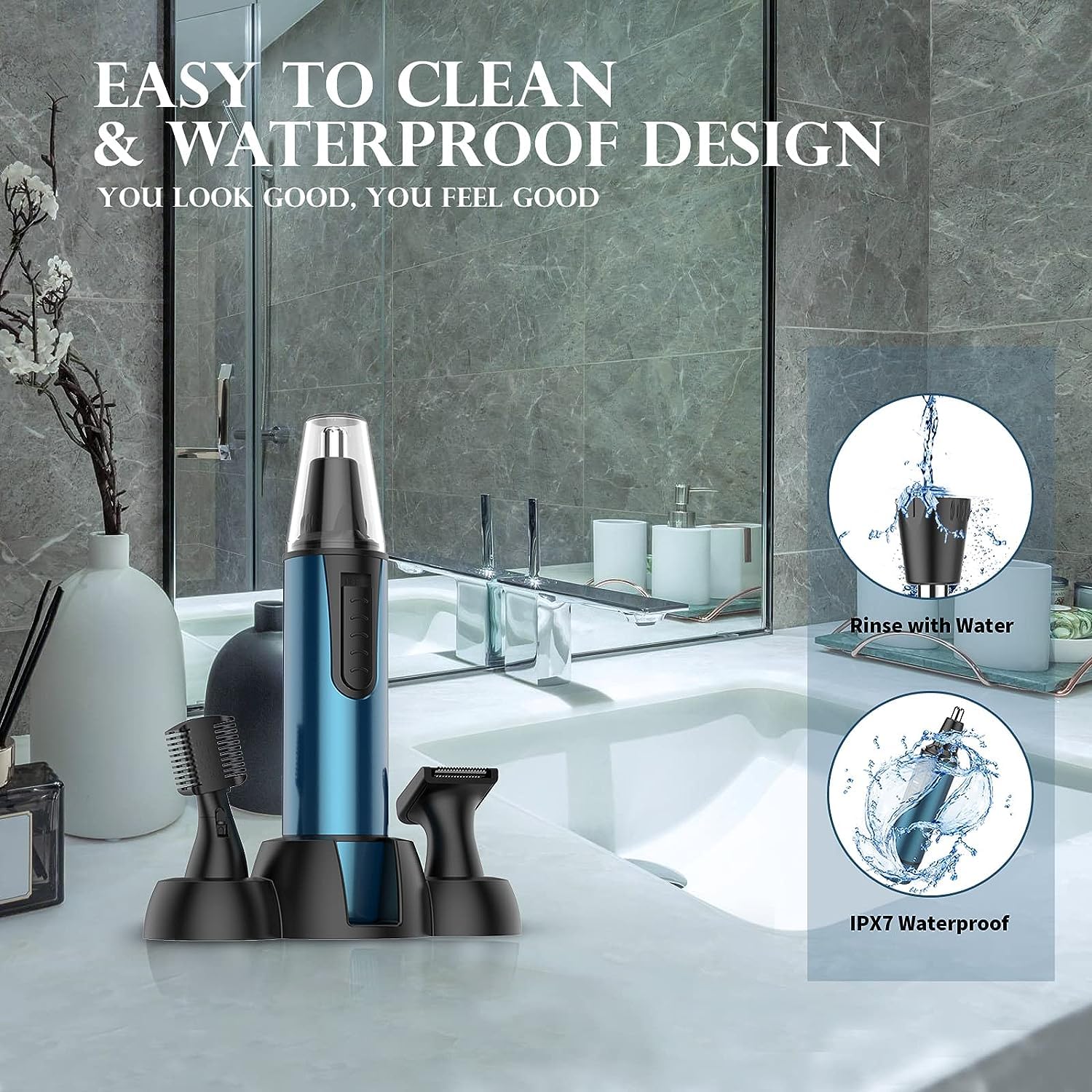 AREYZIN multi-function-trimmer demonstrating versatility for nose, beard, and brows.