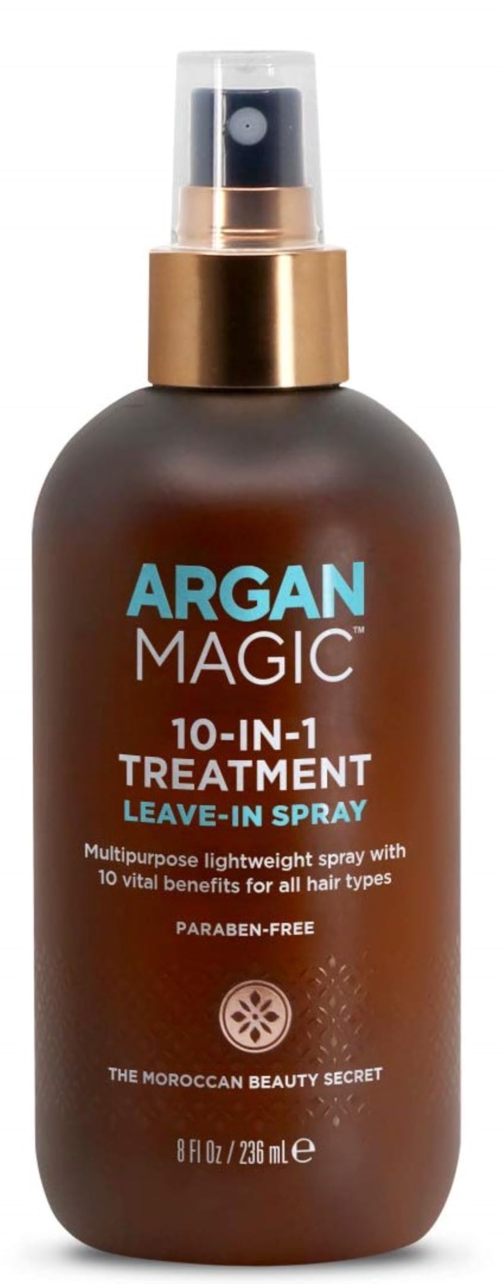 Argan Magic 10-in-1 spray bottle closeup showing detangling and shine enhancement