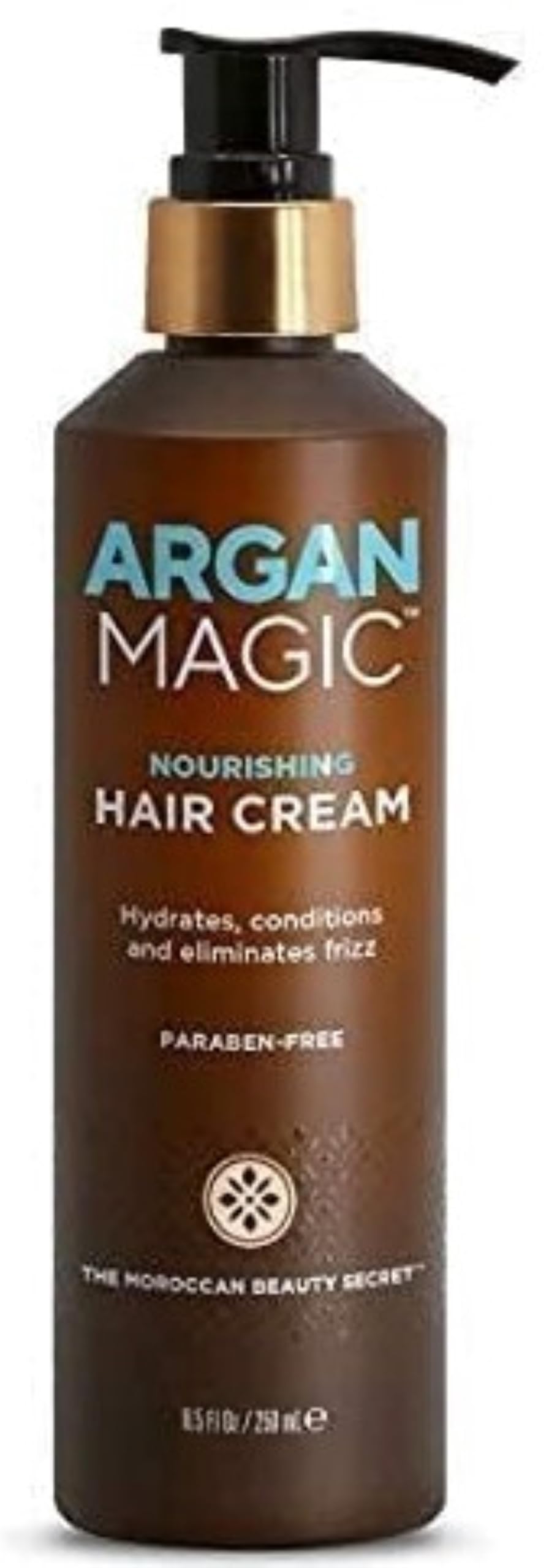 Argan Magic Nourishing Hair Cream bottle pump for easy leave-in styling and frizz control.