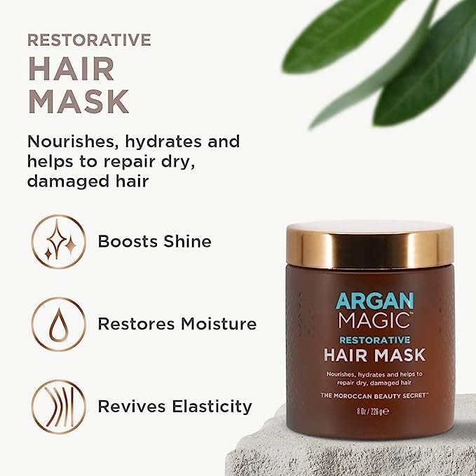 Argan Magic Restorative Hair Mask application scene shows detangling and moisture