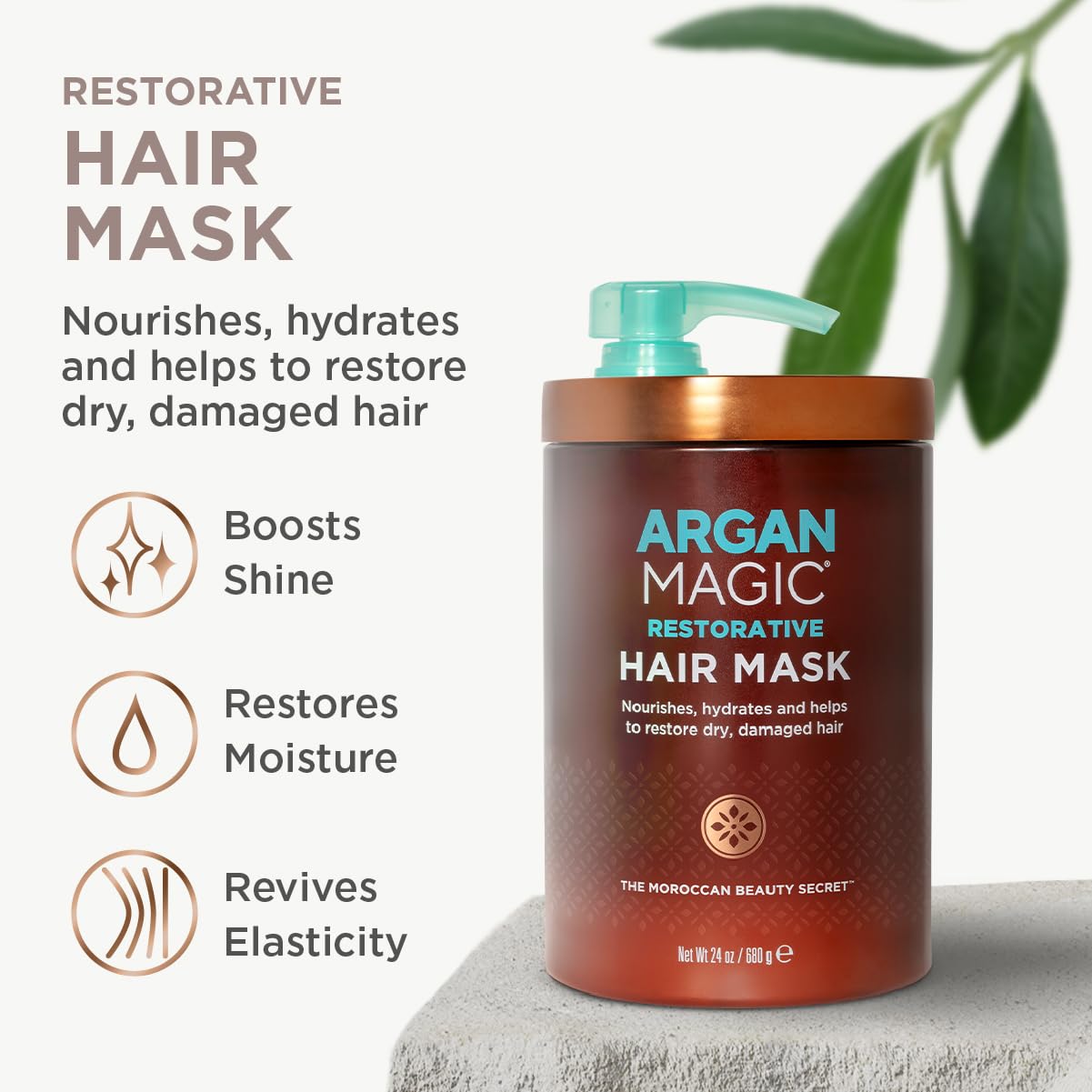 Argan Magic Restorative Hair Mask dispensing scoop, easy to apply for quick conditioning.