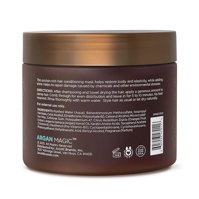 Argan Magic Restorative Hair Mask bottle with ingredients reveals antioxidant-rich care