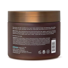 Argan Magic Restorative Hair Mask bottle with ingredients reveals antioxidant-rich care
