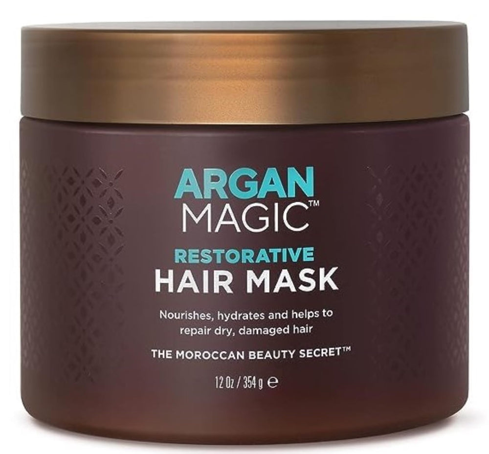 Argan Magic Restorative Hair Mask product shot shows creamy formula for hydrated hair