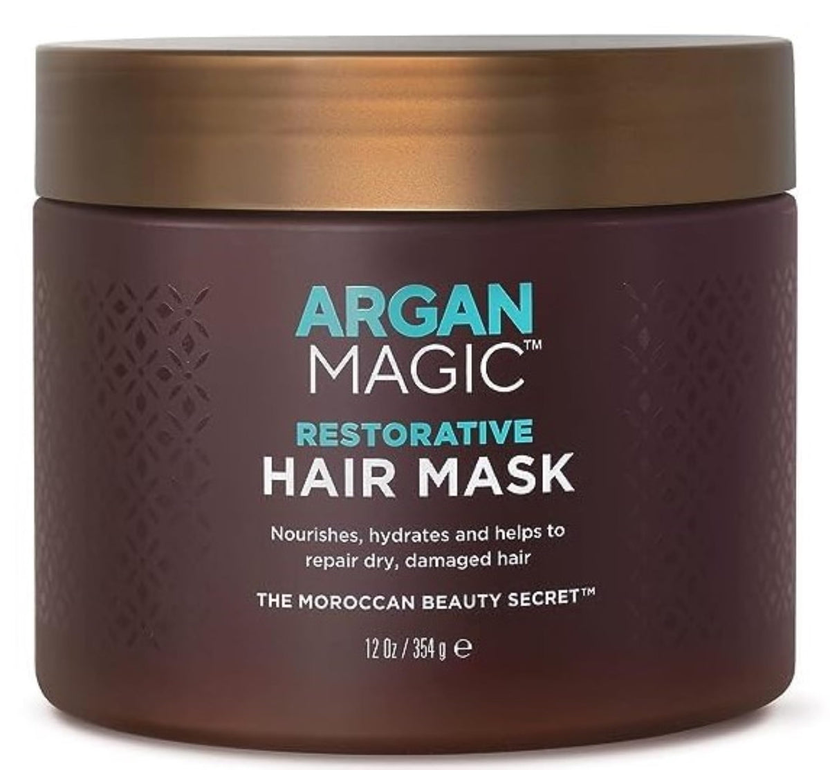 Argan Magic Restorative Hair Mask product shot shows creamy formula for hydrated hair