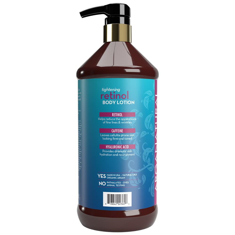 Arganatural Retinol Body Lotion ingredients close-up includes vitamin E and collagen.