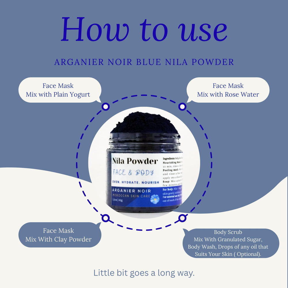Arganier Noir Nila powder packaging flatlay for Moroccan skin care ritual