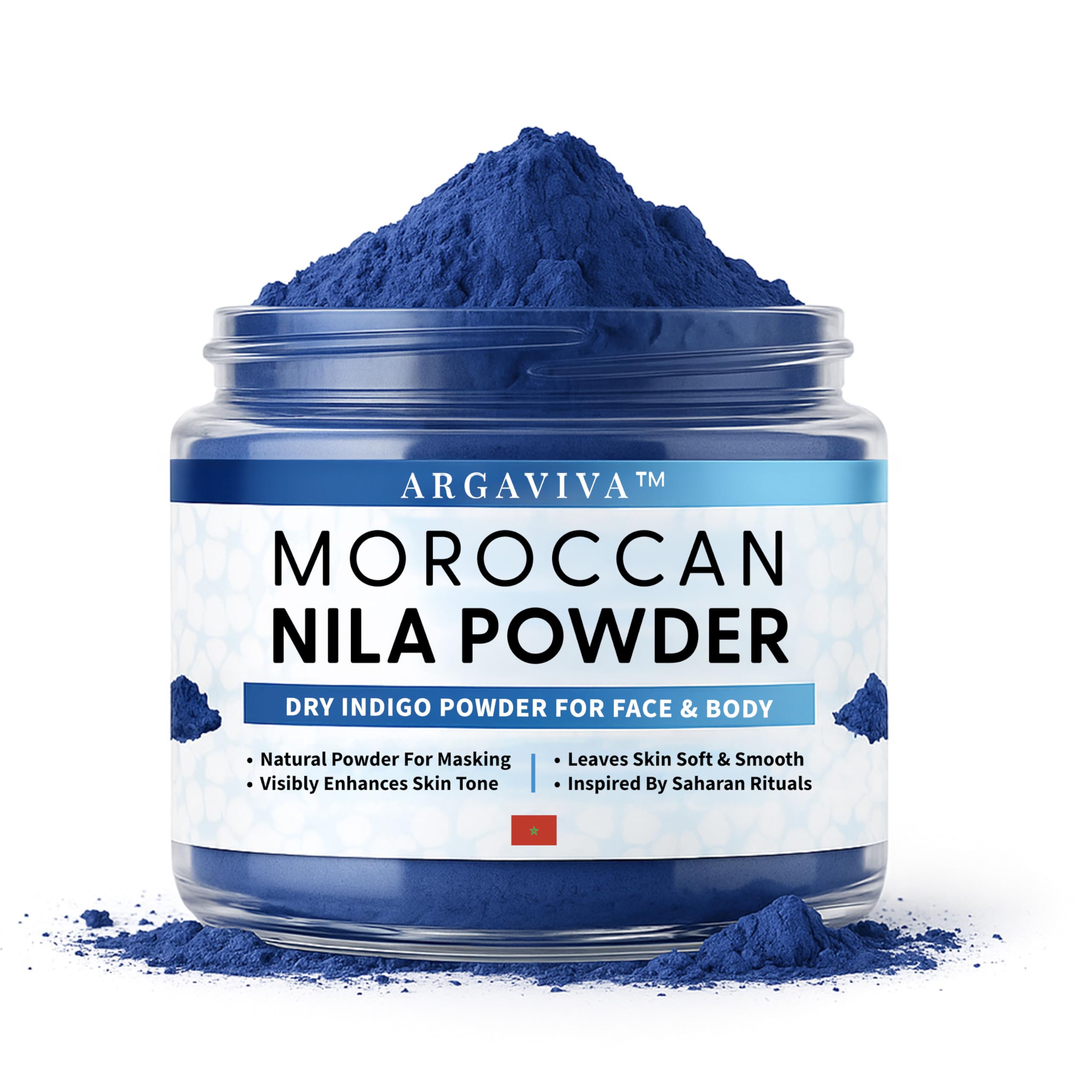 Argaviva Moroccan Nila Powder packaging highlights plant-based blue clay for gentle skincare