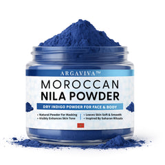 Argaviva Moroccan Nila Powder packaging highlights plant-based blue clay for gentle skincare