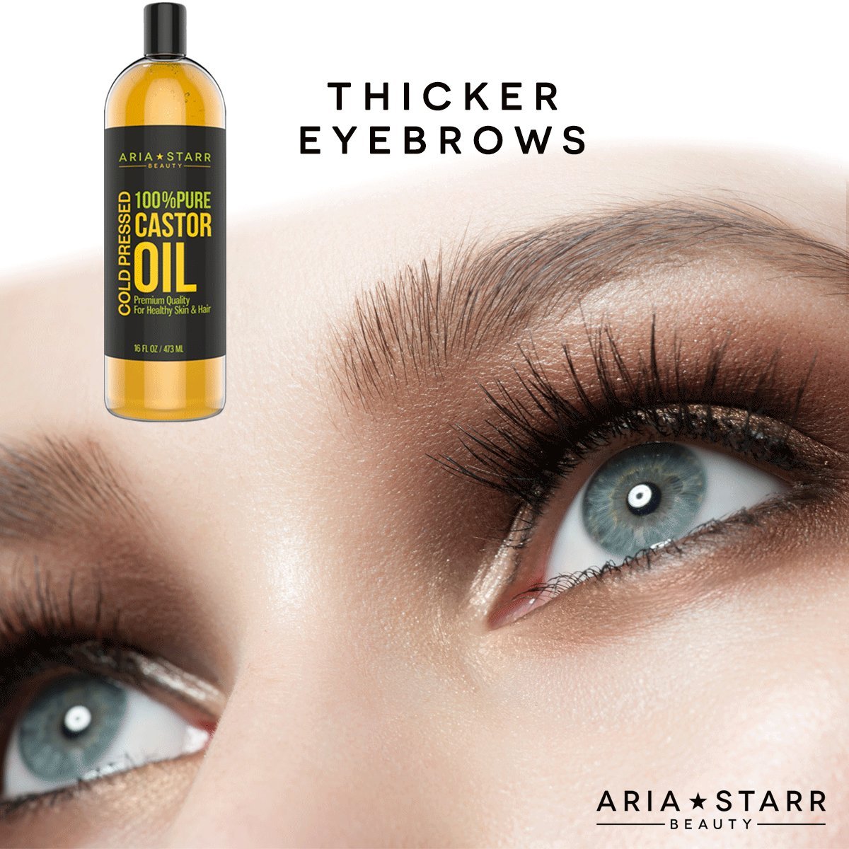 Aria Starr Castor Oil eyebrows-eyelashes for thicker-looking brows and lashes.