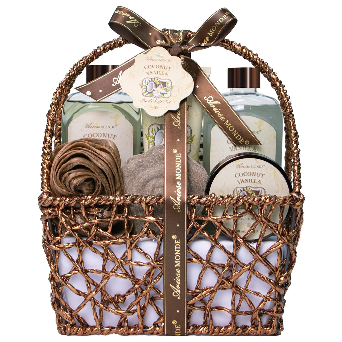 ArioseMonde coconut-vanilla-bath-gift-set closeup for spa-at-home pampering