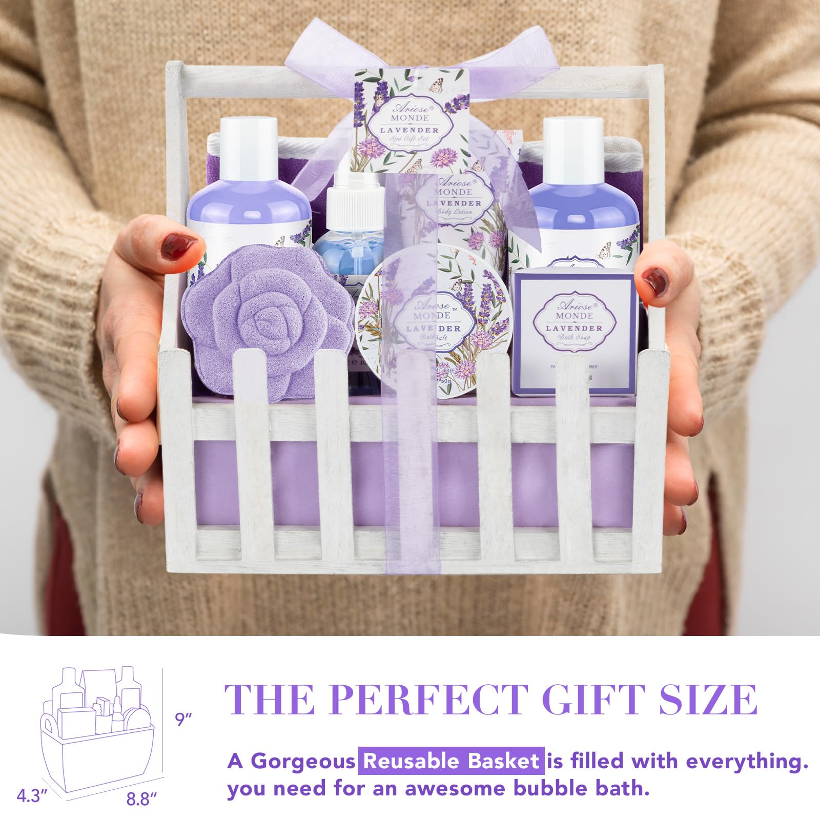 ArioseMonde lavender gift set basket-top displays an elegant wooden basket for gifting appeal.