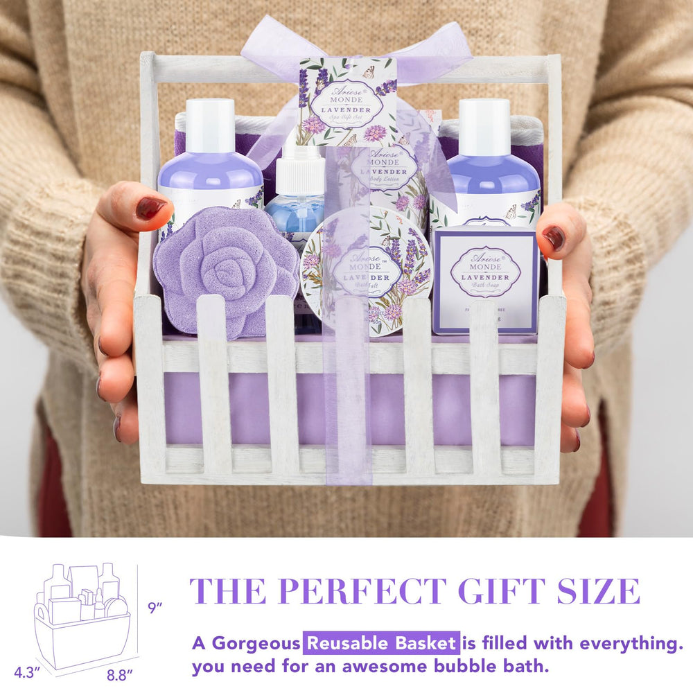 ArioseMonde lavender gift set basket-top displays an elegant wooden basket for gifting appeal.
