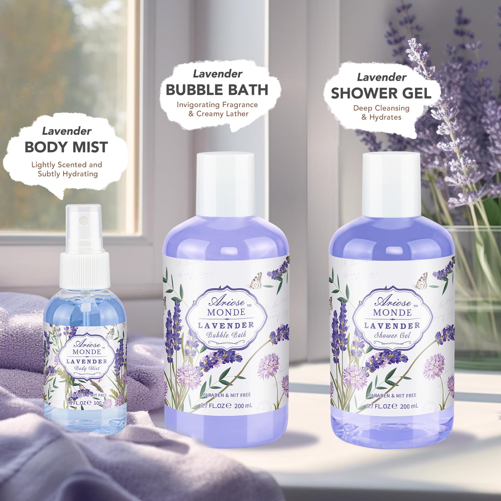 ArioseMonde lavender gift set shower gel evokes refreshing cleanse for a spa-at-home ritual.