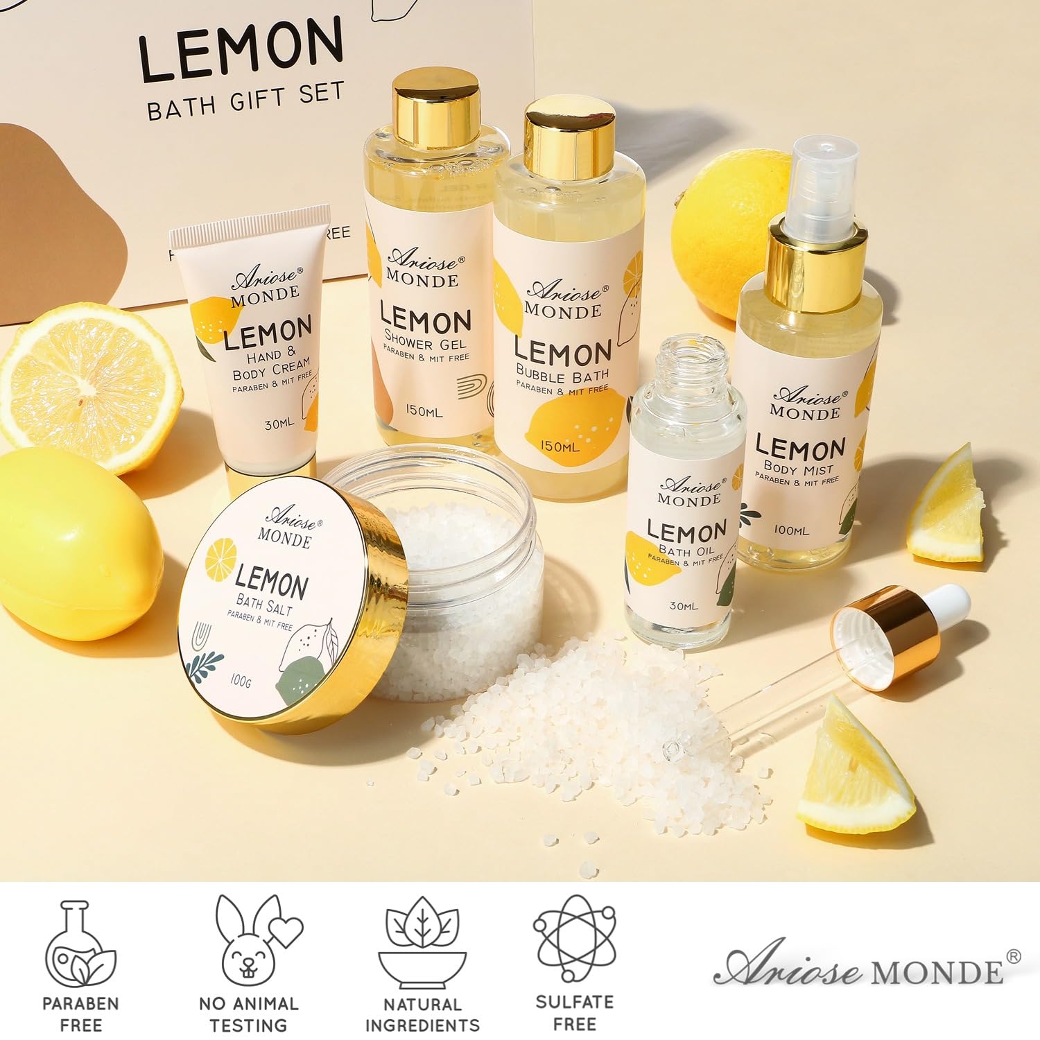 ArioseMonde lemon bath oil provides a soothing, aromatic bath experience.