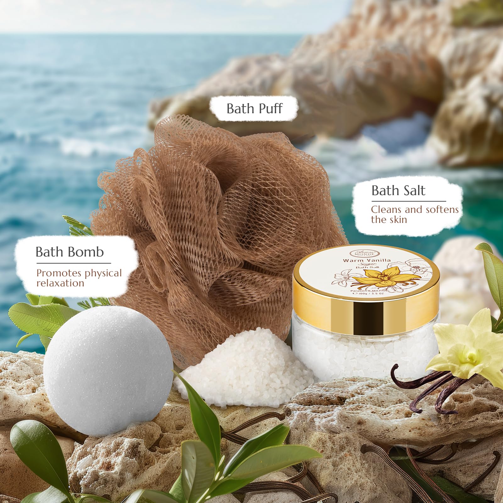 ArioseMonde vanilla-sugar bath salt for a soothing soak.
