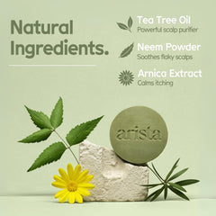 Arista leaf powder detail highlighting Ayurvedic scalp-supporting ingredients.