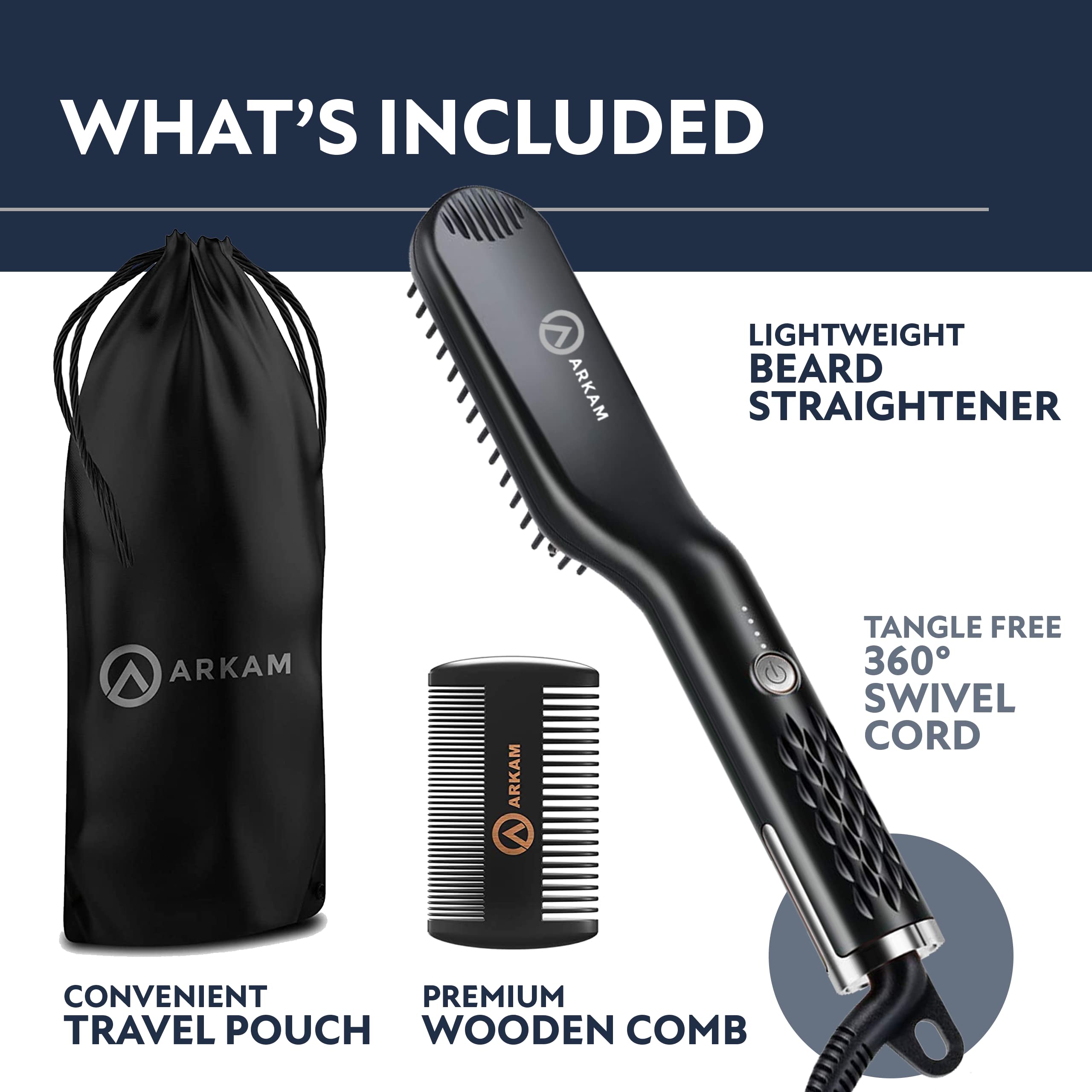 Arkam beard straightener includes a 360-degree swivel cord for maneuverability.