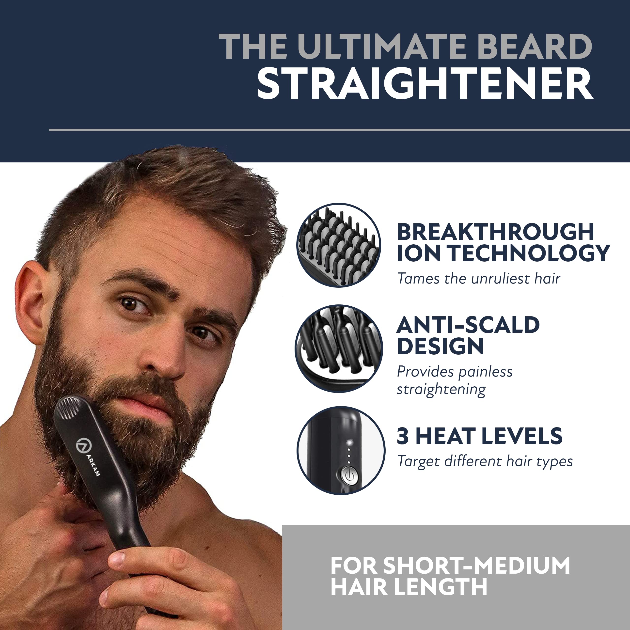 Arkam beard straightener with ionic technology reduces frizz and locks moisture.