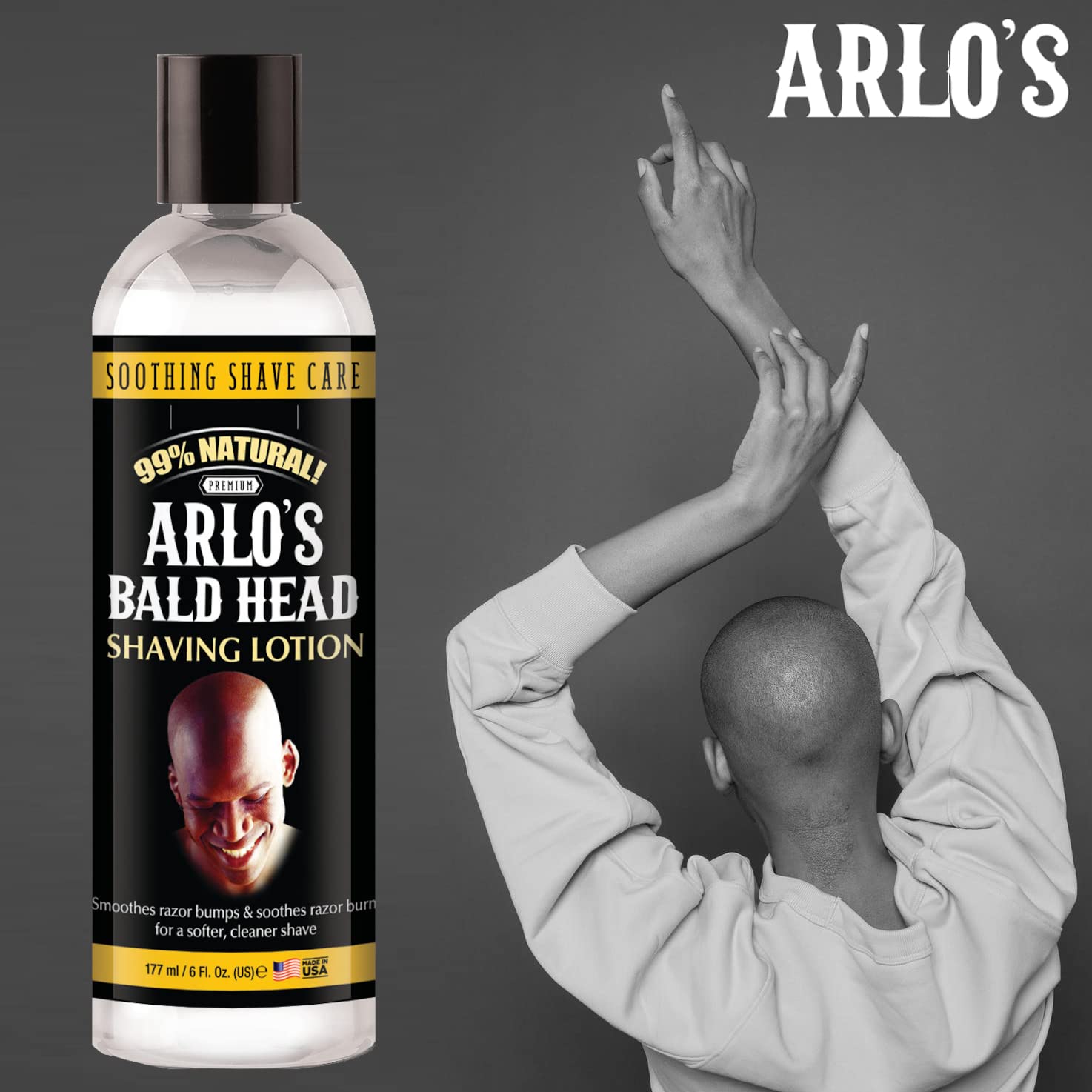 Applying Arlo's Bald Head Shaving Lotion during a grooming routine for smooth shave
