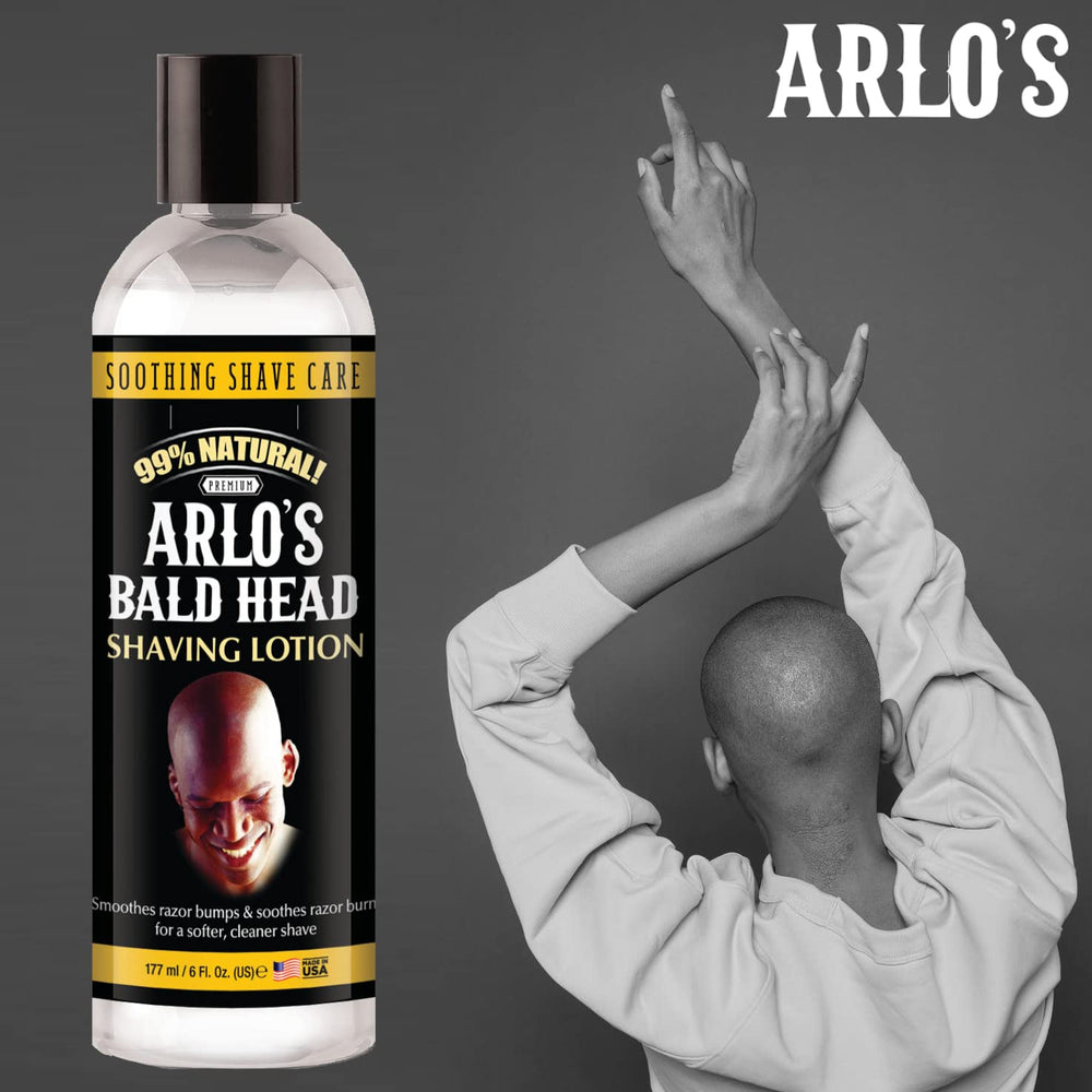 Applying Arlo's Bald Head Shaving Lotion during a grooming routine for smooth shave