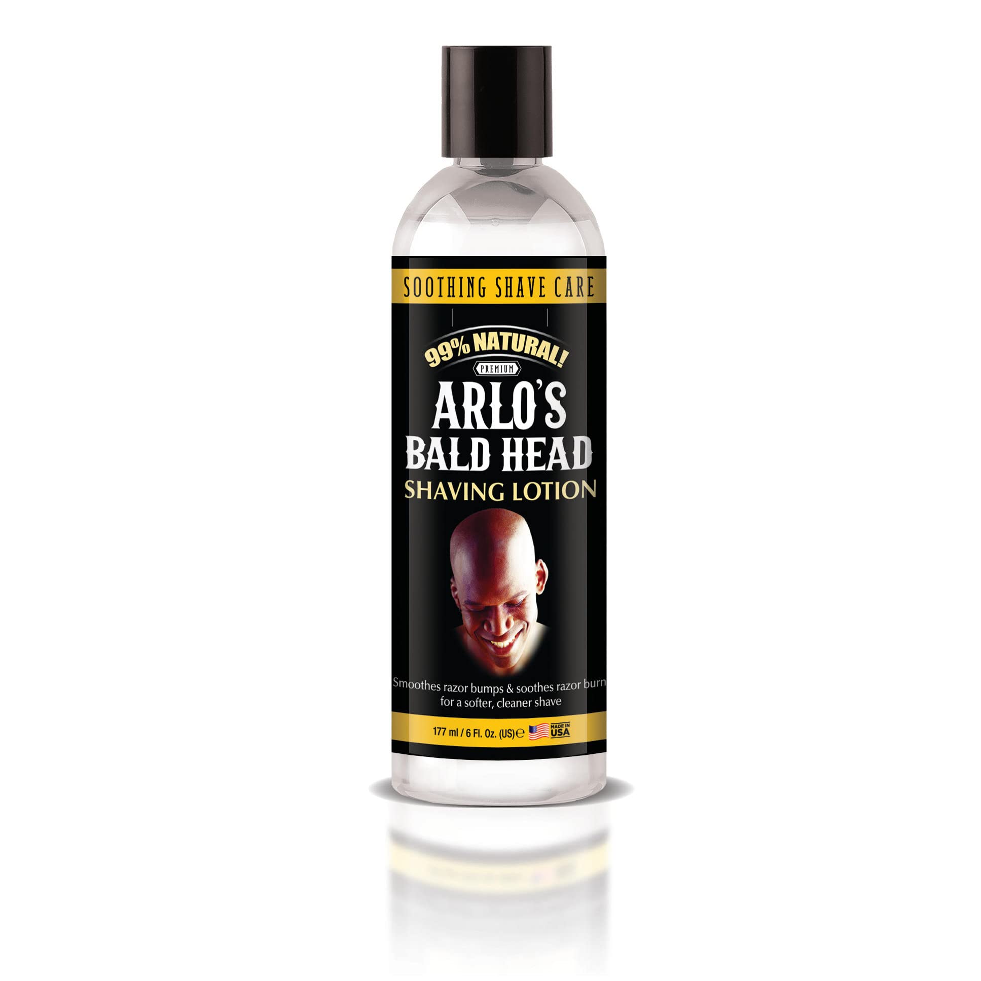 USA-made badge on Arlo's Bald Head Shaving Lotion bottle