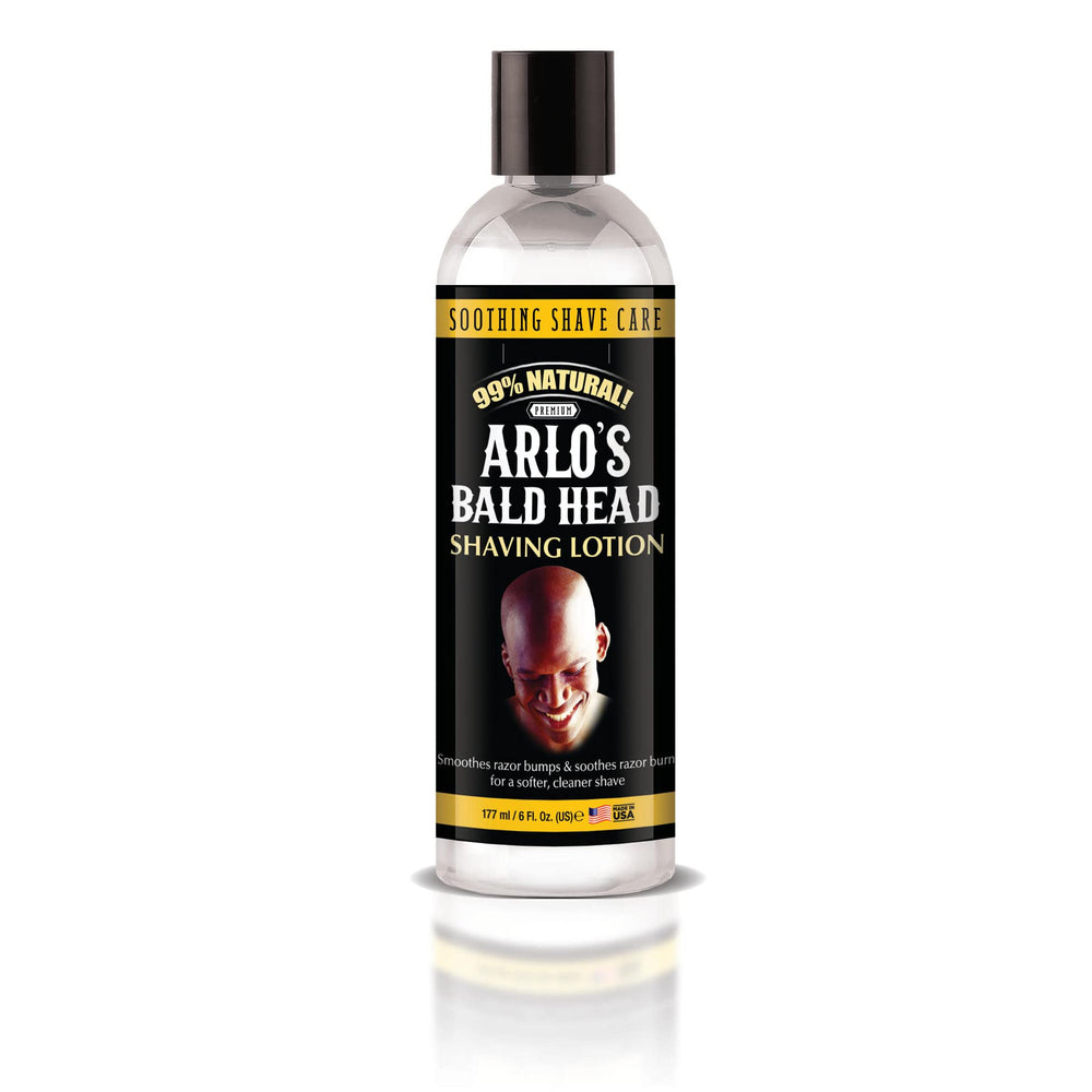 USA-made badge on Arlo's Bald Head Shaving Lotion bottle