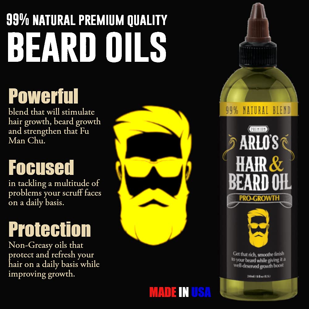 Arlo's Pro-Growth oil massaged into beard and hair for renewal.