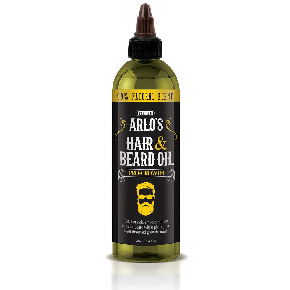 Arlo's Pro-Growth oil bottle on a clean surface boosts daily moisture for hair and beard.