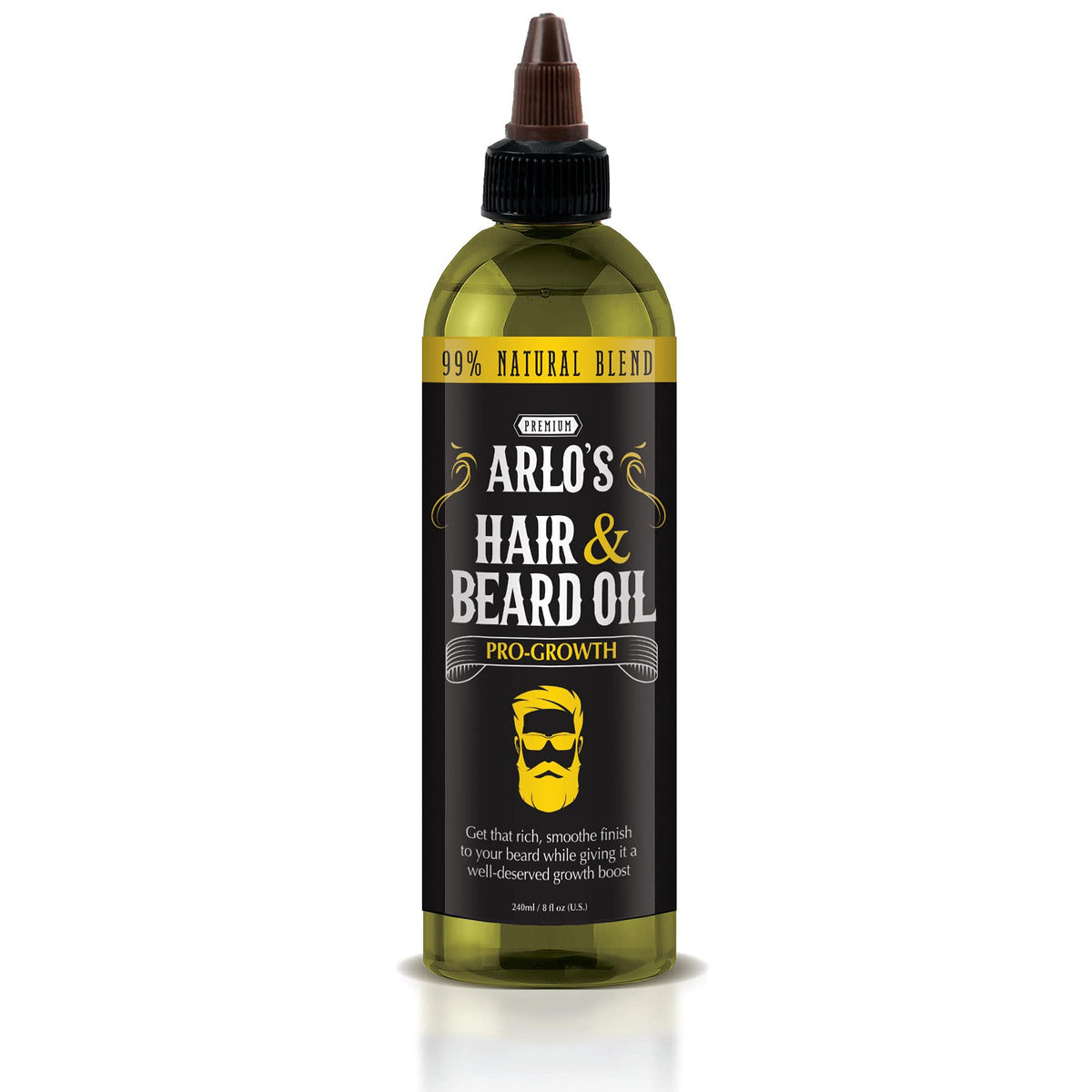 Arlo's Pro-Growth oil bottle on a clean surface boosts daily moisture for hair and beard.